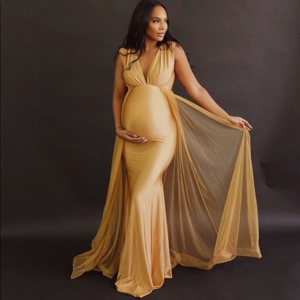 CBC Isabella Maternity Maxi Dress Gown w/ Tulle Train in Bronze/Gold - Size Med
